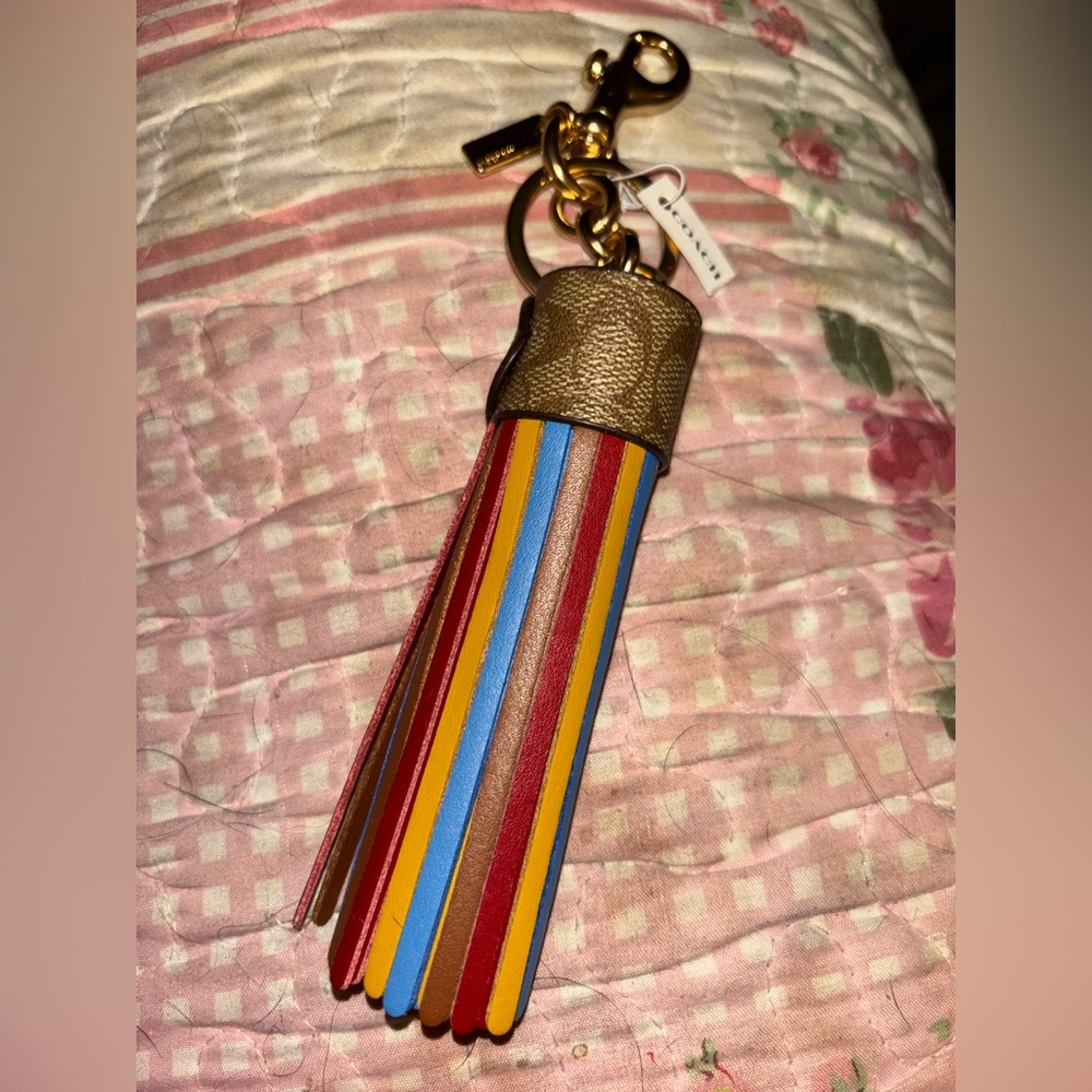 Coach authentic legacy color block Leather Tassel Keychain with Gold Hardware